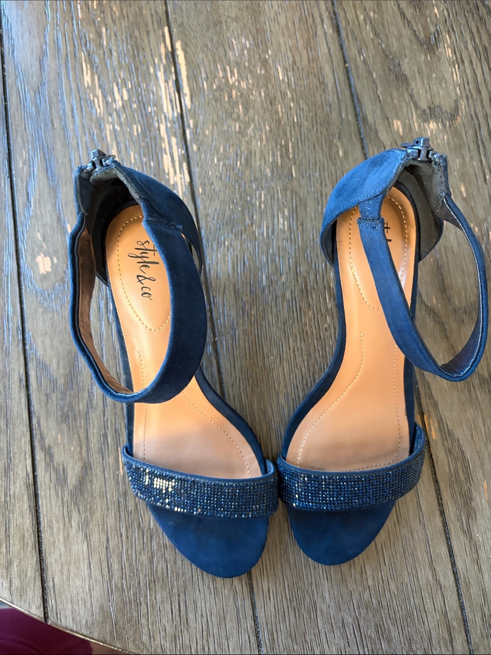 Style & Co. Navy Suede Ankle-Strap Heels with Beaded Toe